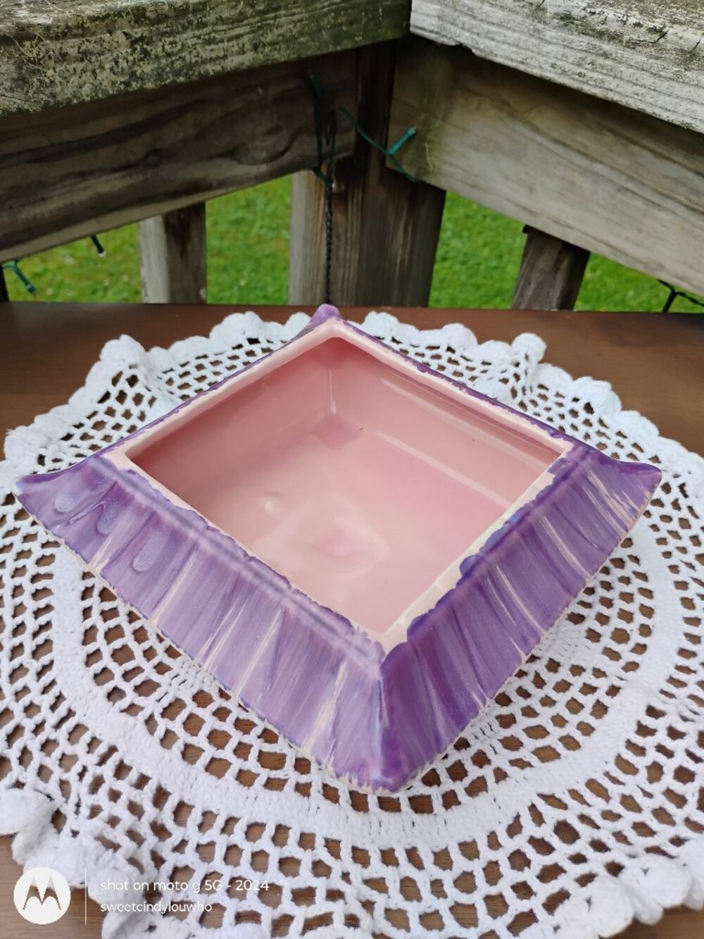 pagoda style Ceramic Square Planter Pink w purple accents vtg 1960s Calif potter